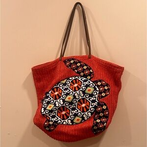 Vera Bradley SUN VALLEY STRAW BEACH TOTE Turtle Red Travel Pool Woven USED
